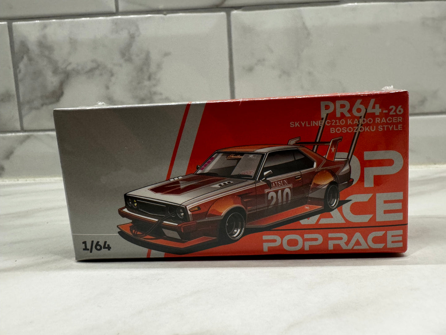 Pop Race Skyline C210 Kaido Racer Bosozoku Style Silver Orange 1/64