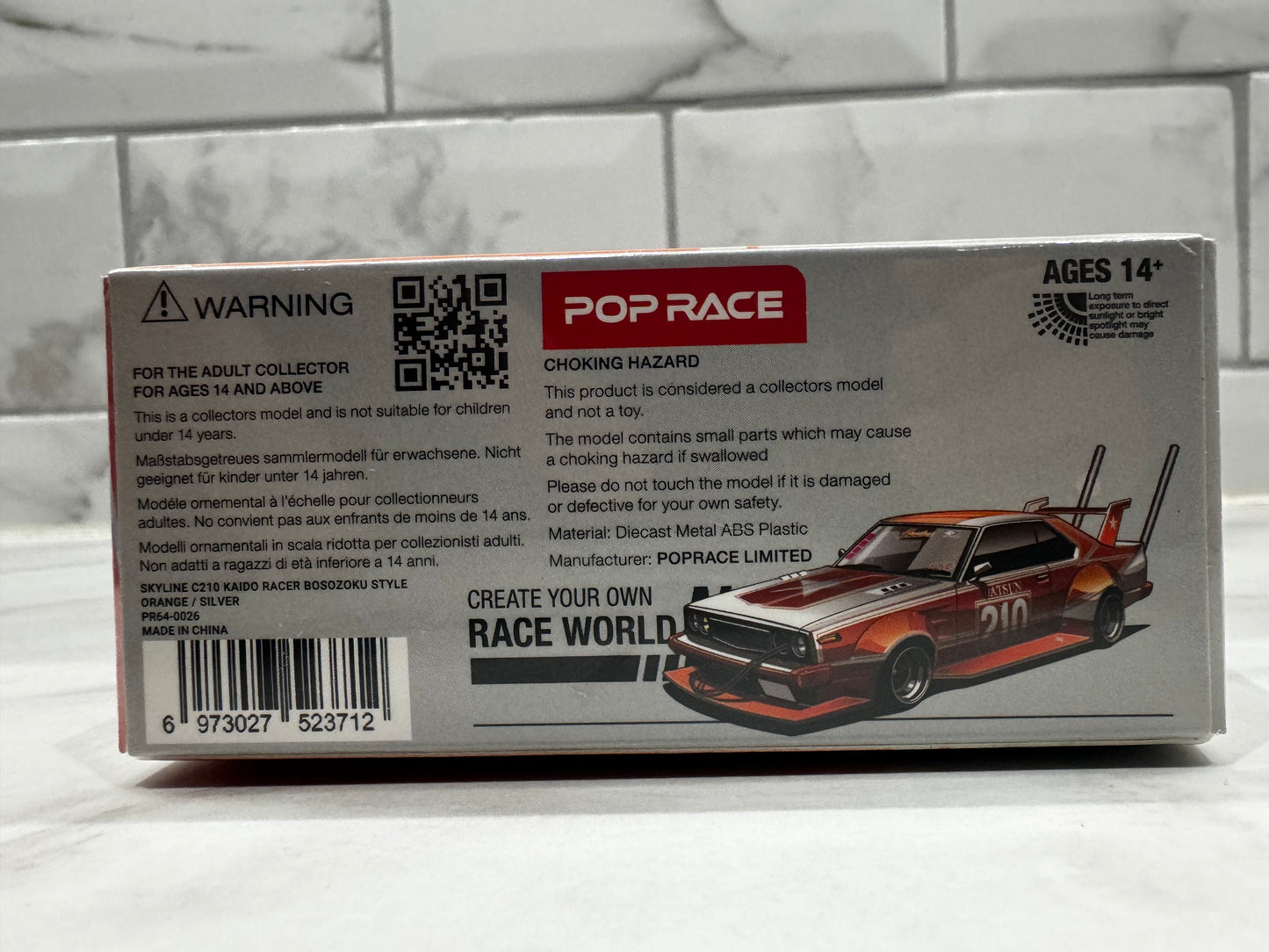 Pop Race Skyline C210 Kaido Racer Bosozoku Style Silver Orange 1/64