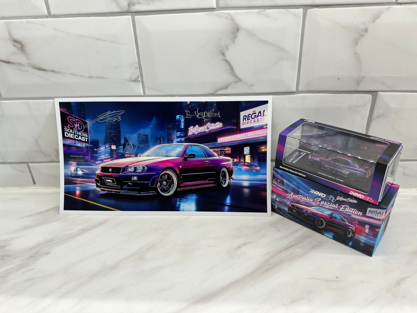 INNO64 Nissan GT-R R34 Z-Tune Endgame Australia SP 1/64 signed by Bono Van & others  39/200 with poster