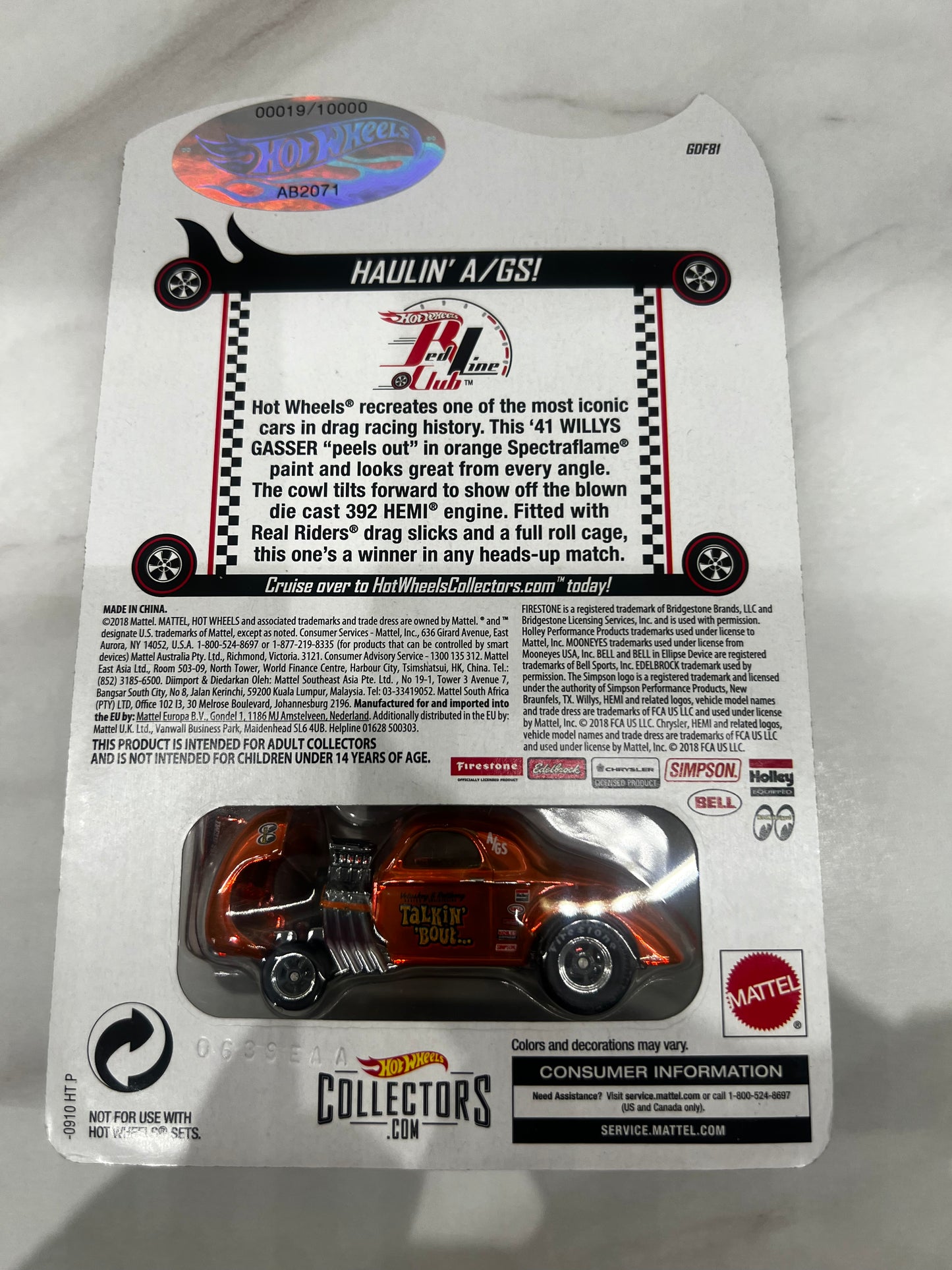 Hot Wheels 41 Willys Gasser Redline Club 19/10000 very low number