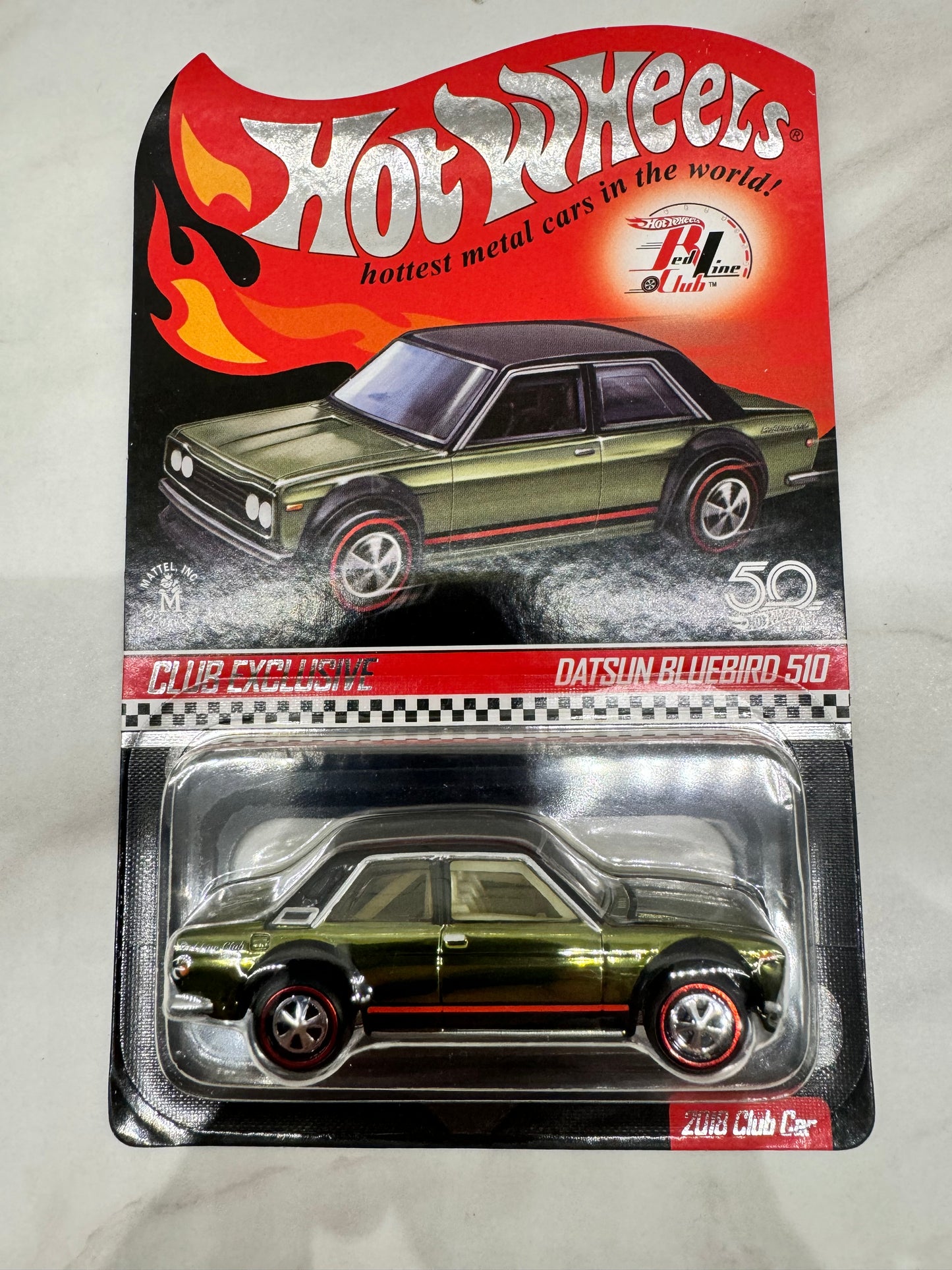 Hot Wheels 2018 Red Line Club Exclusive Datsun Bluebird 510 Olive with pin