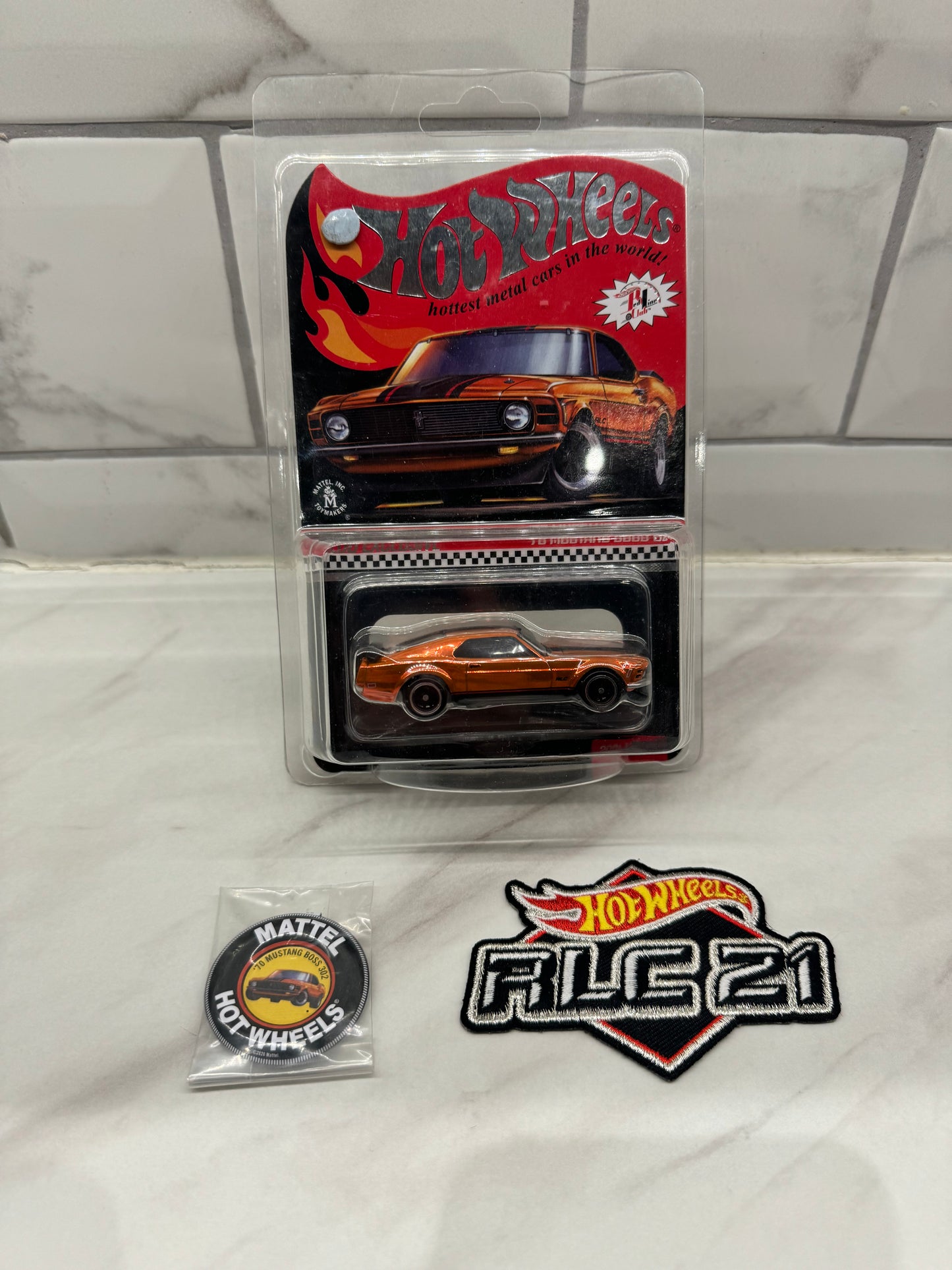 Hot Wheels Orange 70 MUSTANG BOSS 302 RLC Collectible Car + Patch & Button