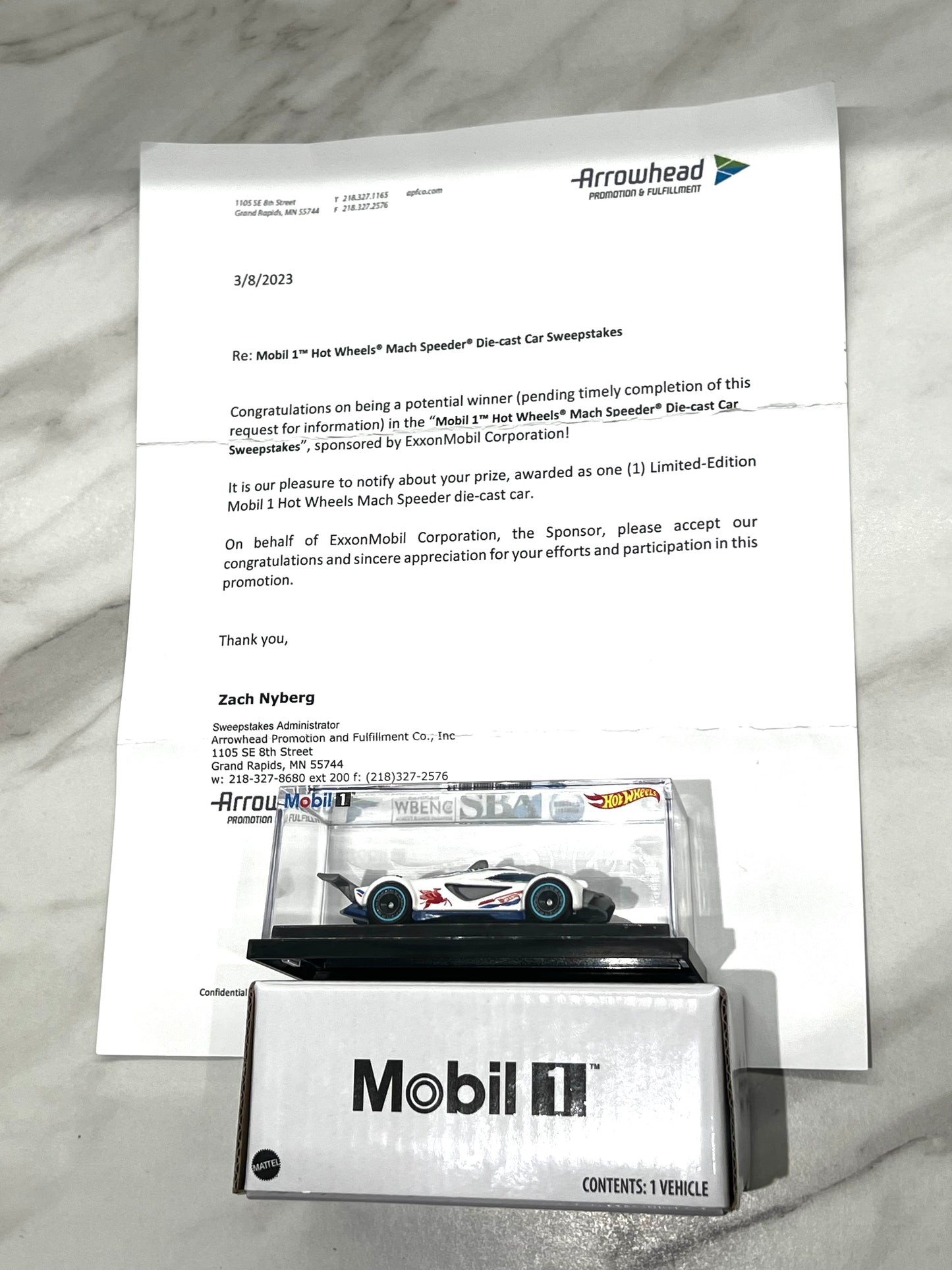 Hot Wheels Mobil1 Sweepstakes Competition Die cast Car Only 50 Authentic Letter included