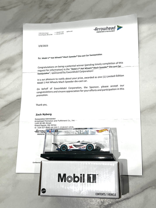 Hot Wheels Mobil1 Sweepstakes Competition Die cast Car Only 50 Authentic Letter included