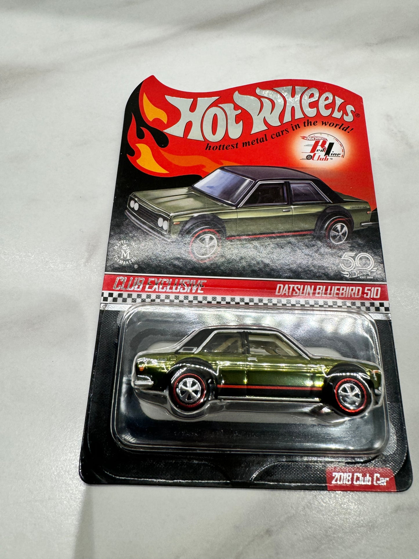 Hot Wheels 2018 Red Line Club Exclusive Datsun Bluebird 510 Olive with pin