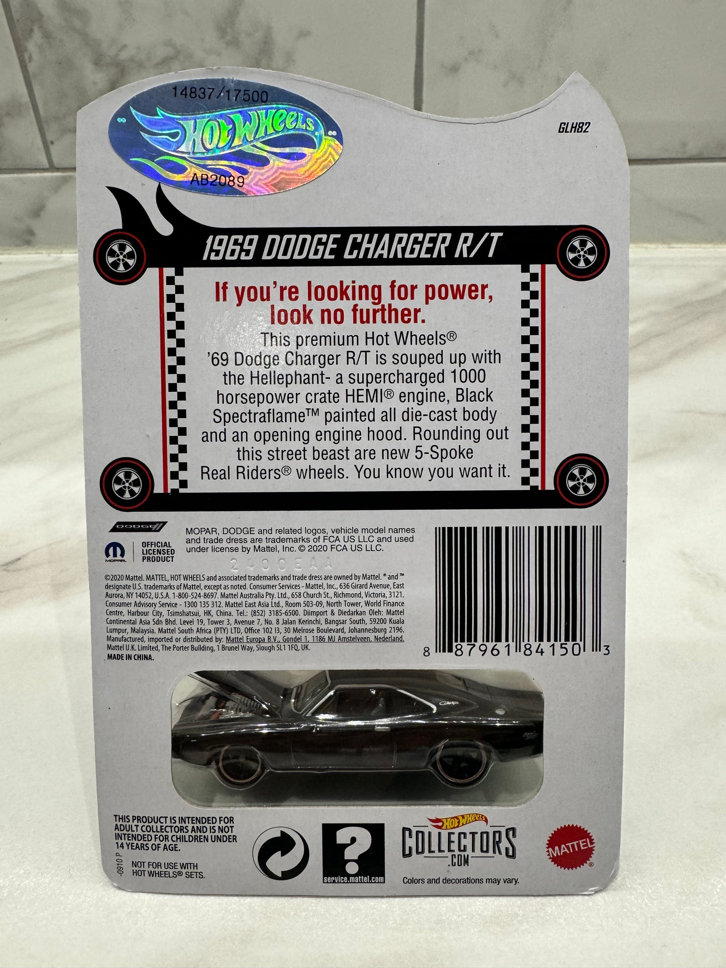 Hot Wheels Black 1969 DODGE CHARGER R/T RLC Collectible Car 14837/17000