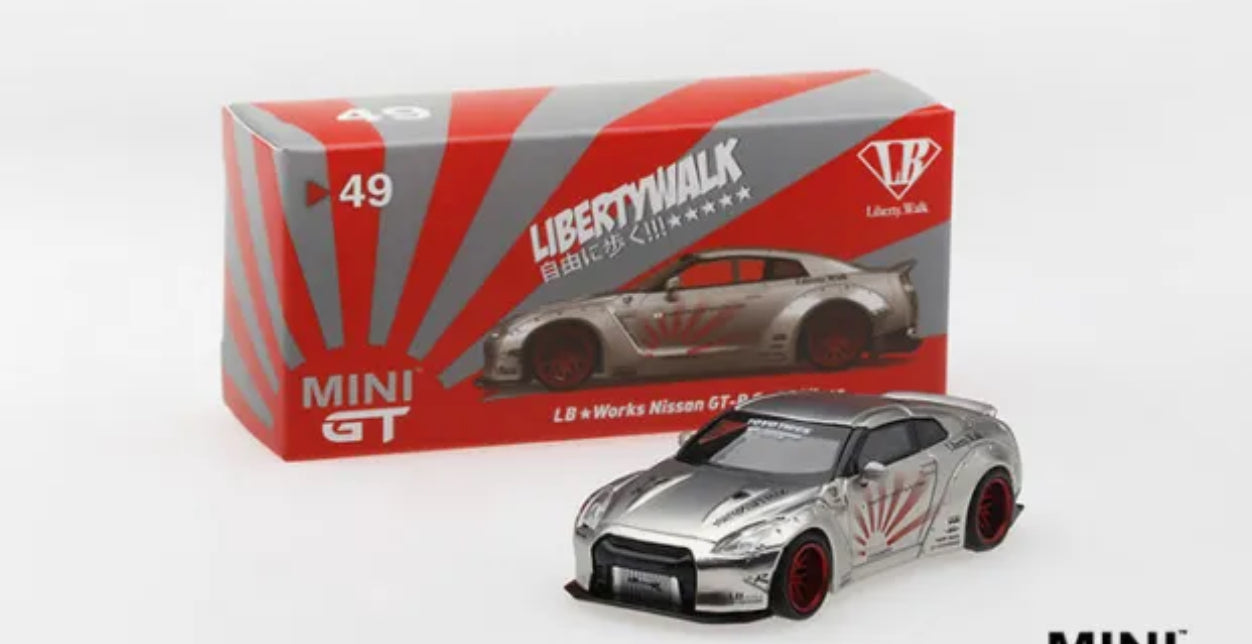 MINI GT 49 LB WORKS Nissan GT-R (R35)Satin Silver Type 1,Rear Wing Version 2 LHD