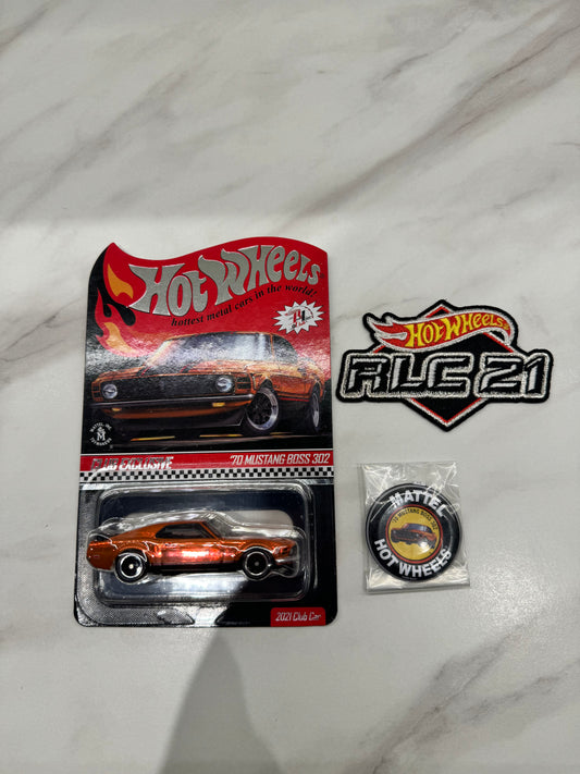 Hot Wheels Orange 70 MUSTANG BOSS 302 RLC Collectible Car + Patch & Button