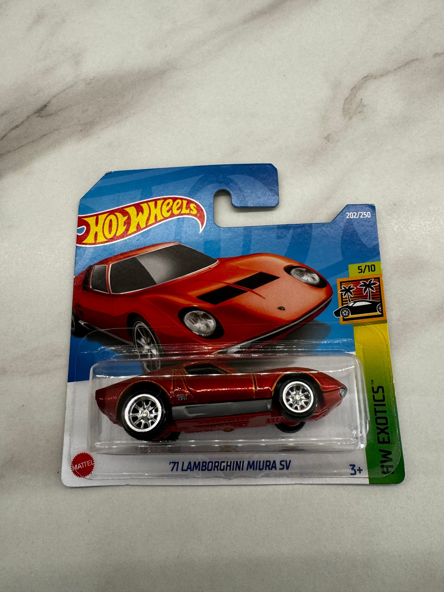 Hot Wheels 71 Lamborghini Miura SV Short card Super Treasure Hunt 202/250 2022 small crack on blister