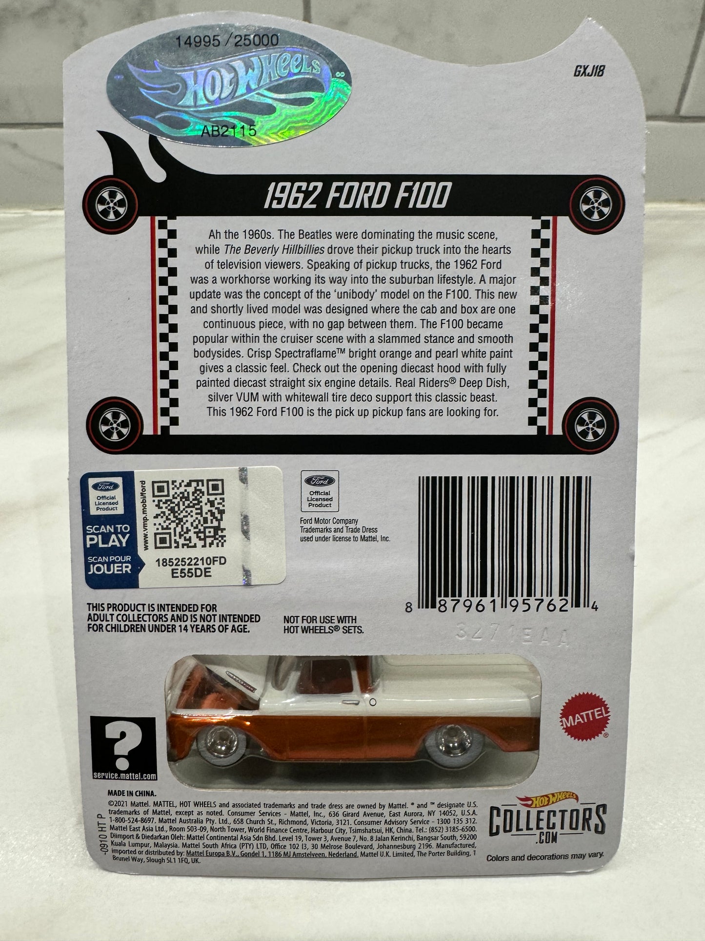 Hot Wheels 1962 Ford F100 RLC Exclusive Orange Pickup  2022 Redline Club 14995/25000