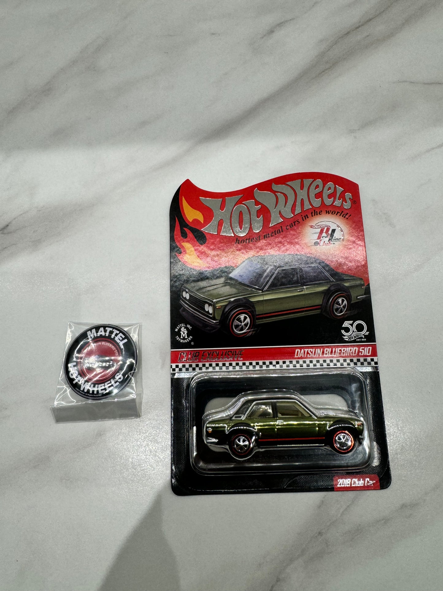 Hot Wheels 2018 Red Line Club Exclusive Datsun Bluebird 510 Olive with pin