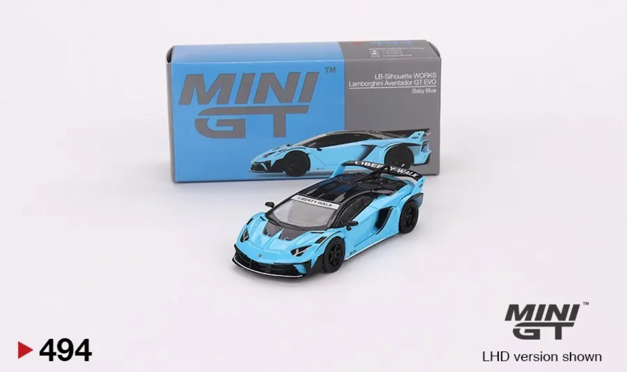 Mini GT 1:64 Lamborghini LB-Silhouette WORKS Aventador GT EVO Baby Blue #494