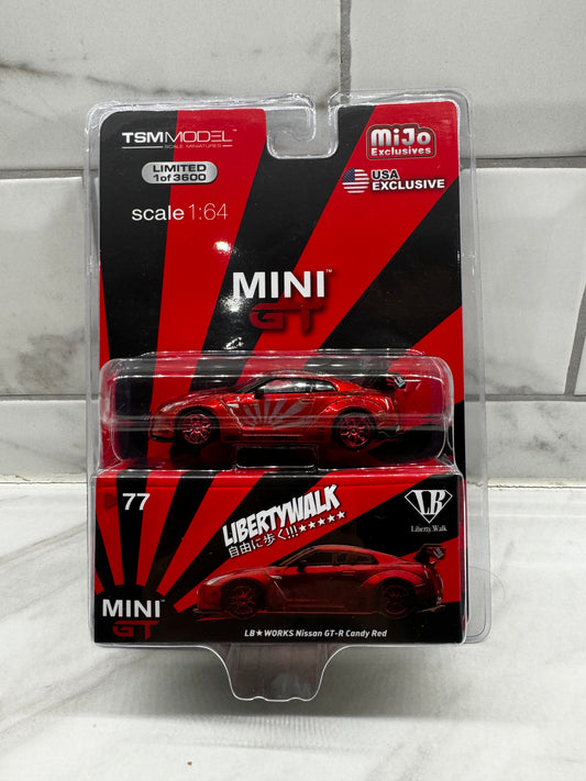 Mini GT, Nissan GT-R in Candy Red, Liberty Walk, 1:64 scale MiJo Exclusive, #77